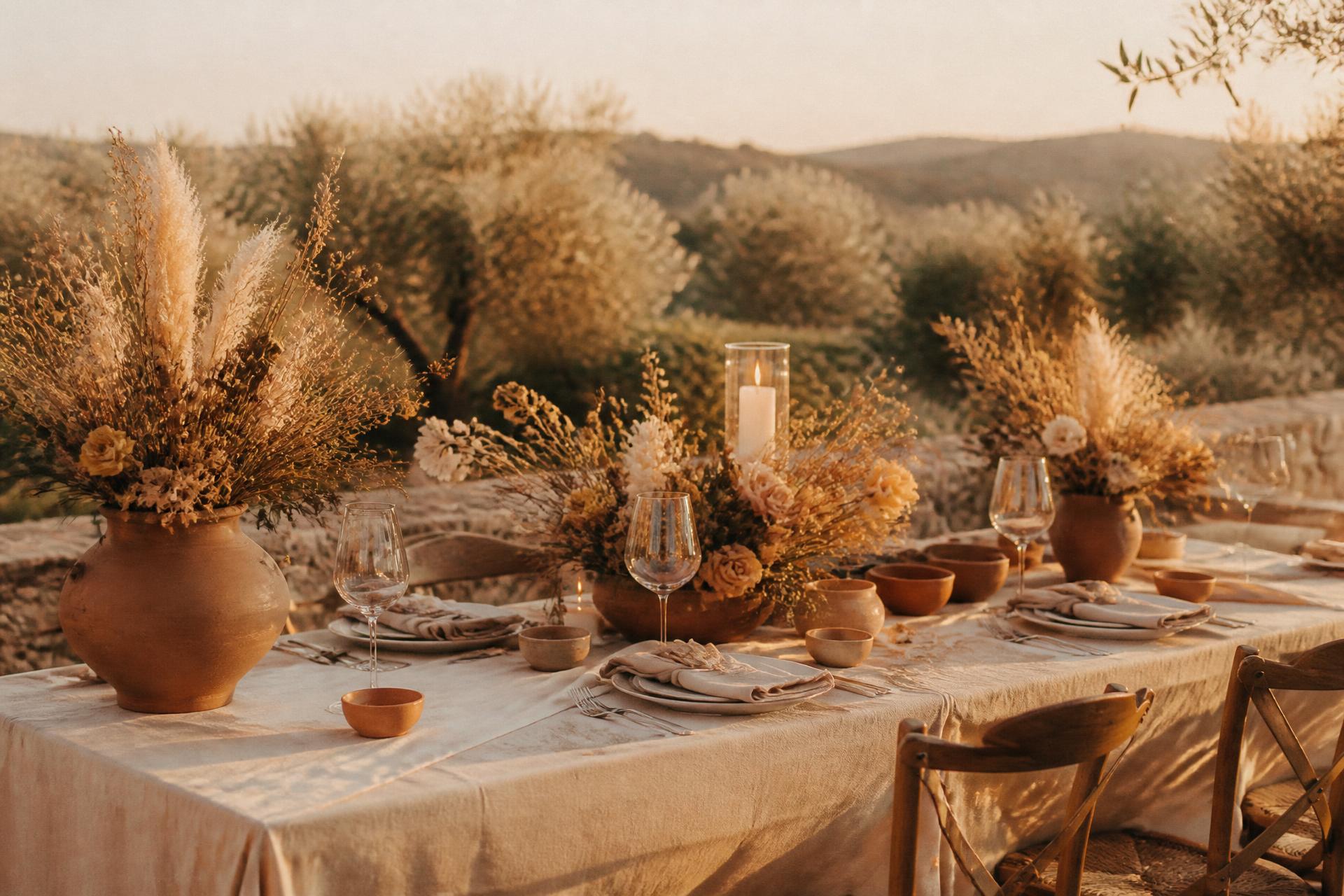 Mesa de celebración mediterránea con mantel de lino, cerámica de terracota y flores secas a la luz del atardecer